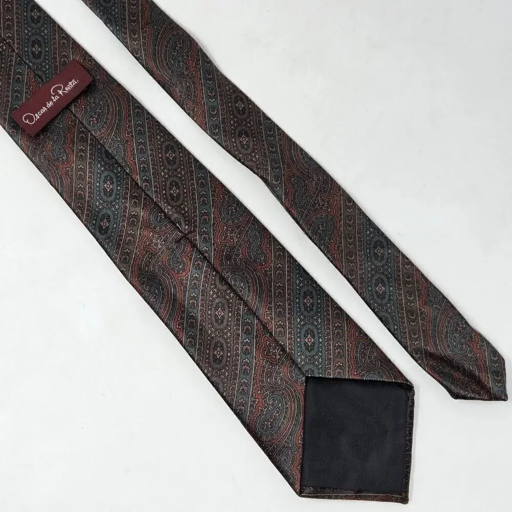 OSCAR DE LA RENTA SILK TIE GREEN TAN RED PAISLEY SATIN STRIPE SMOOTH 3.25